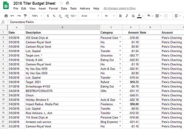 Tiller Budget Review - Transaction Tab