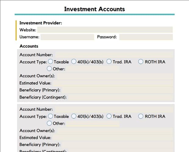 In Case Of Emergency Binder - Investment Account Section