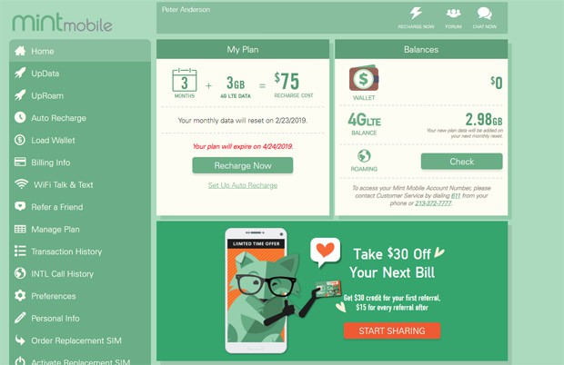 Mint Mobile Review - Website Dashboard