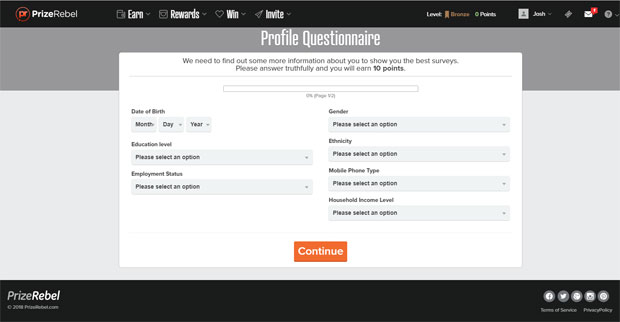PrizeRebel Profile Questionnaire