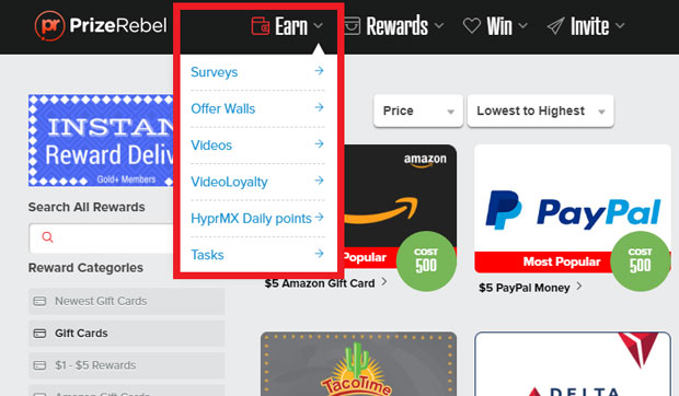 PrizeRebel Earning Methods