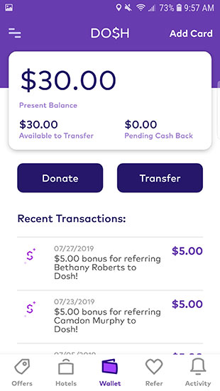 Dosh App Review: App Cash Transfer Screen