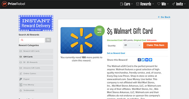 PrizeRebel - earn free Walmart gift cards