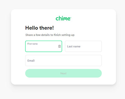 Chime app sign up page