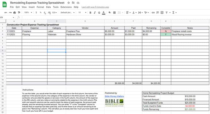 Remodeling Expense Tracking Spreadsheet on Google Sheets